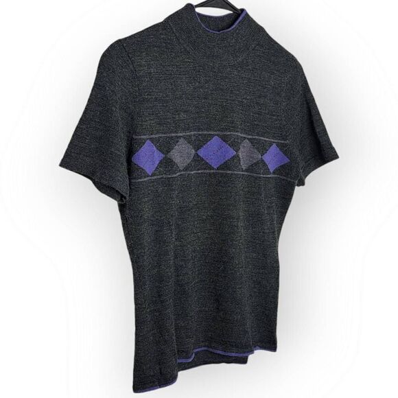 Dressbarn Y2K Women's Mock Neck Sweater Wool Blend Gray Purple Argyle size 6 - Picture 2 of 6